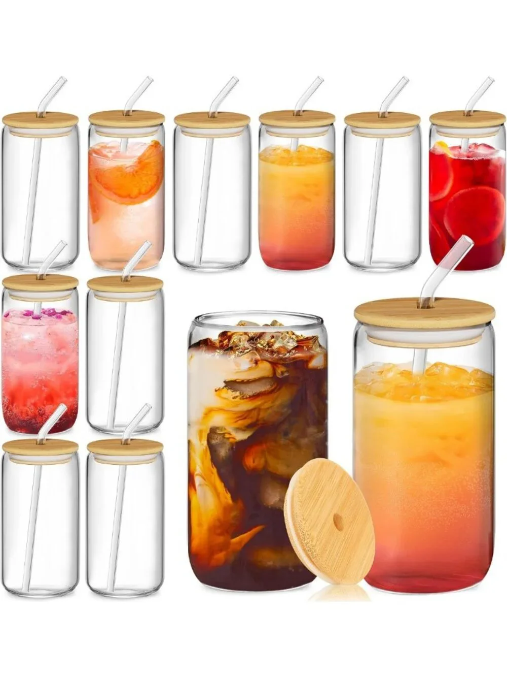 12Pcs Reusable Glass Tumblers with Bamboo Lids & Straws | 16oz Iced Coffee, Tea